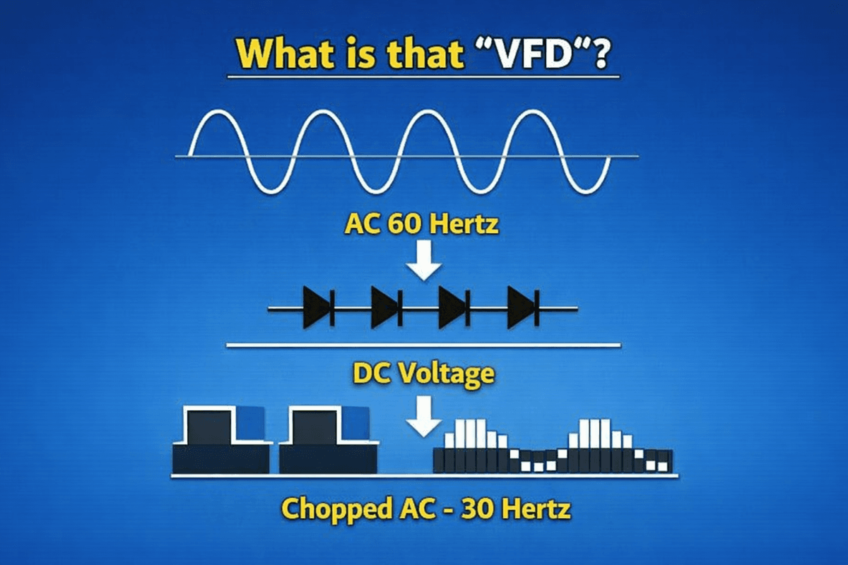 Diagram showing VFD conversion from AC to DC and back to variable AC